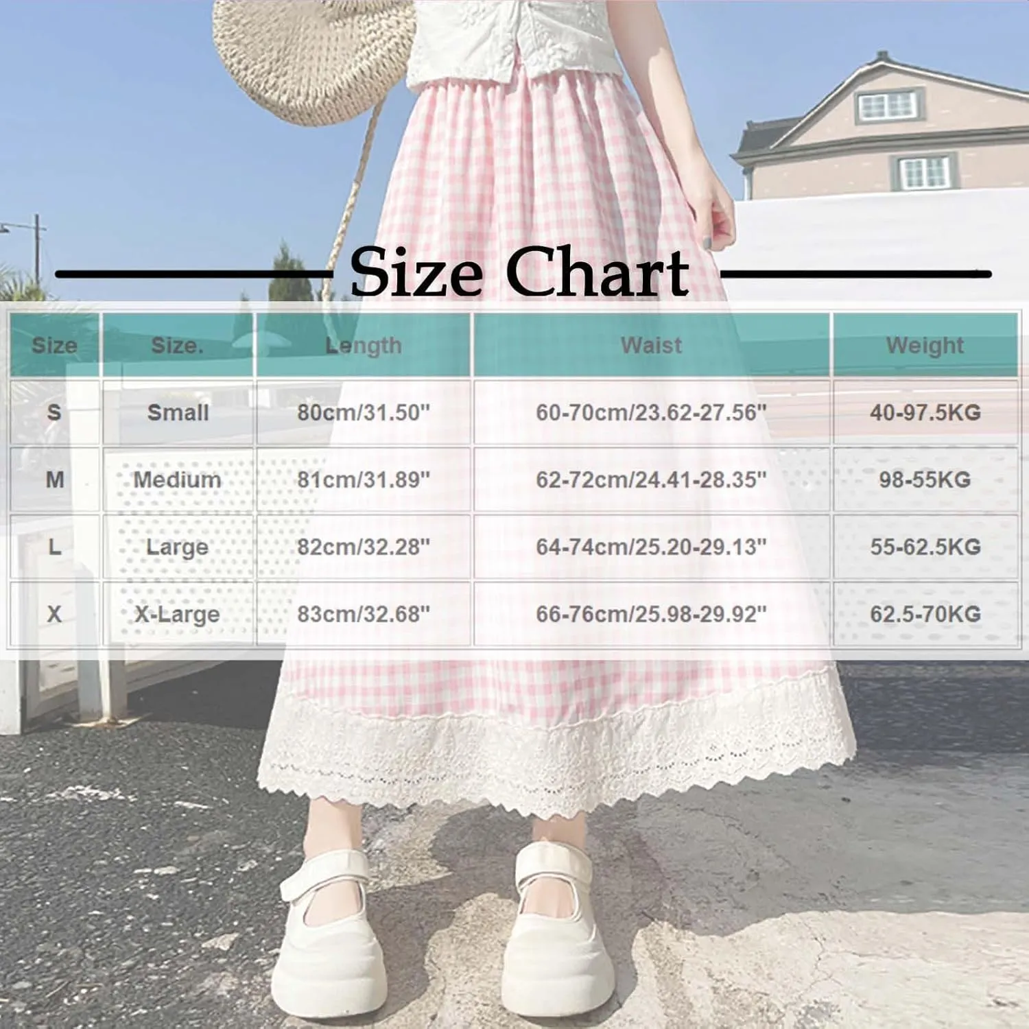 Women Plaid A-Line Swing Maxi Skirt Elastic High Waist Lace Eyelet Cute Long Skirts Summer Gingham Ruffle Skirt