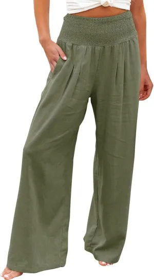 Women Plated Pants Flowy Pants Drawstring Waist Wide Leg Palazzo Beach Pants Loose Fit with Pockets