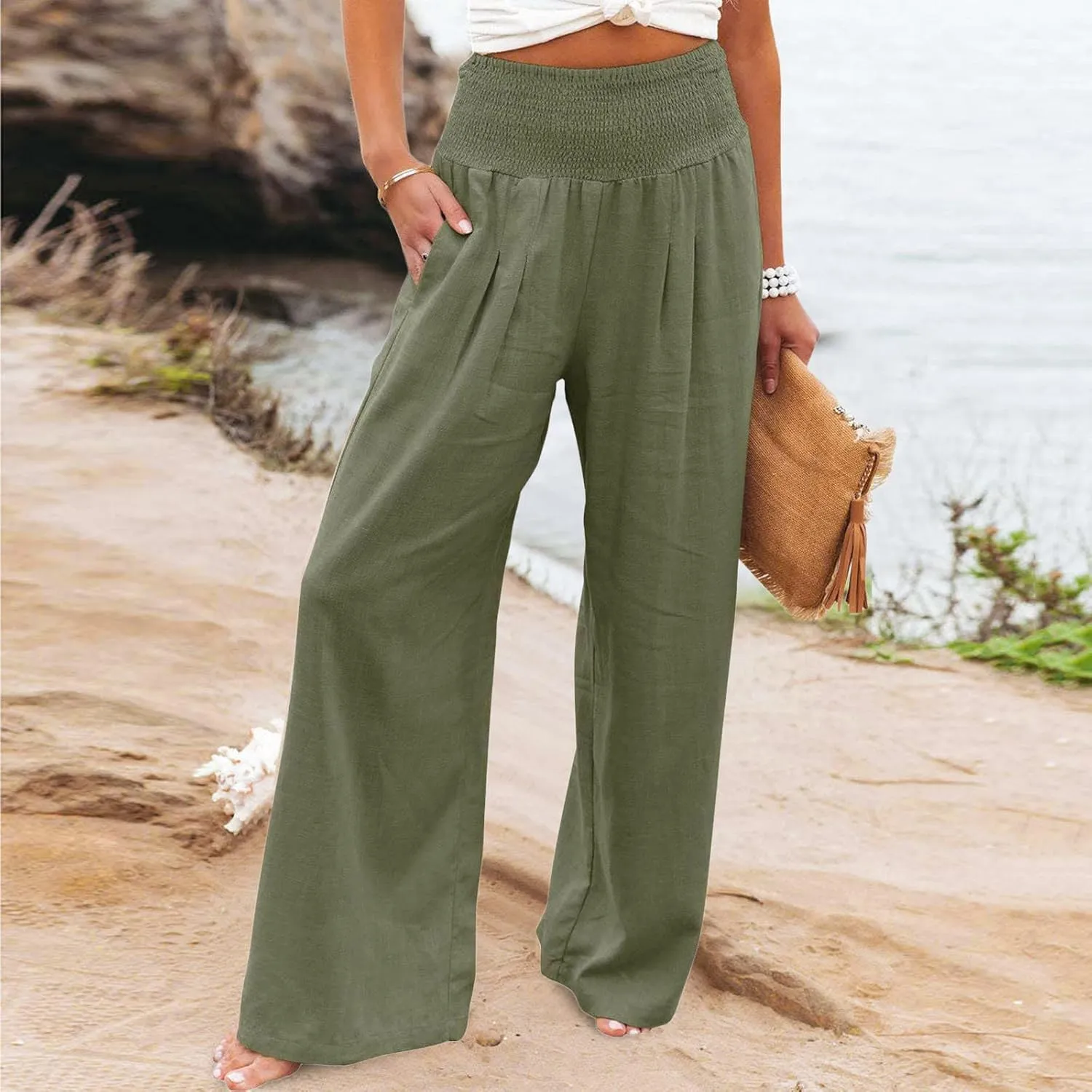 Women Plated Pants Flowy Pants Drawstring Waist Wide Leg Palazzo Beach Pants Loose Fit with Pockets