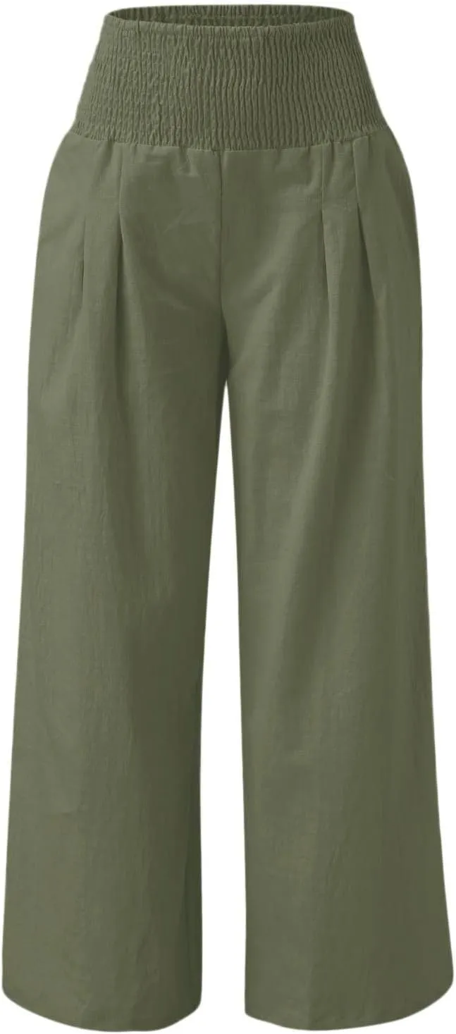 Women Plated Pants Flowy Pants Drawstring Waist Wide Leg Palazzo Beach Pants Loose Fit with Pockets