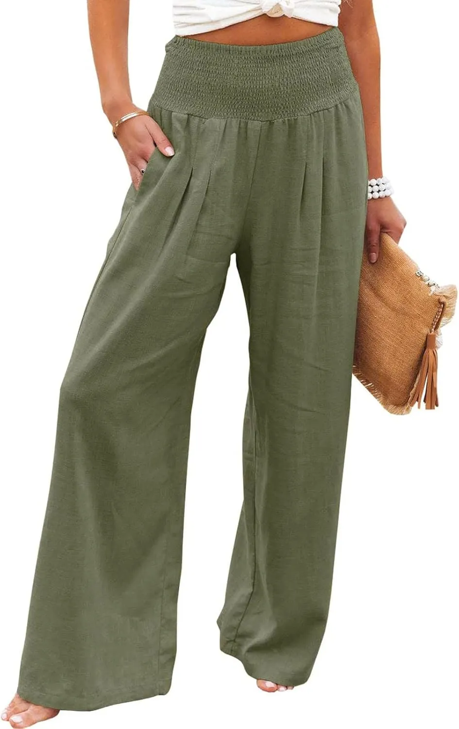 Women Plated Pants Flowy Pants Drawstring Waist Wide Leg Palazzo Beach Pants Loose Fit with Pockets