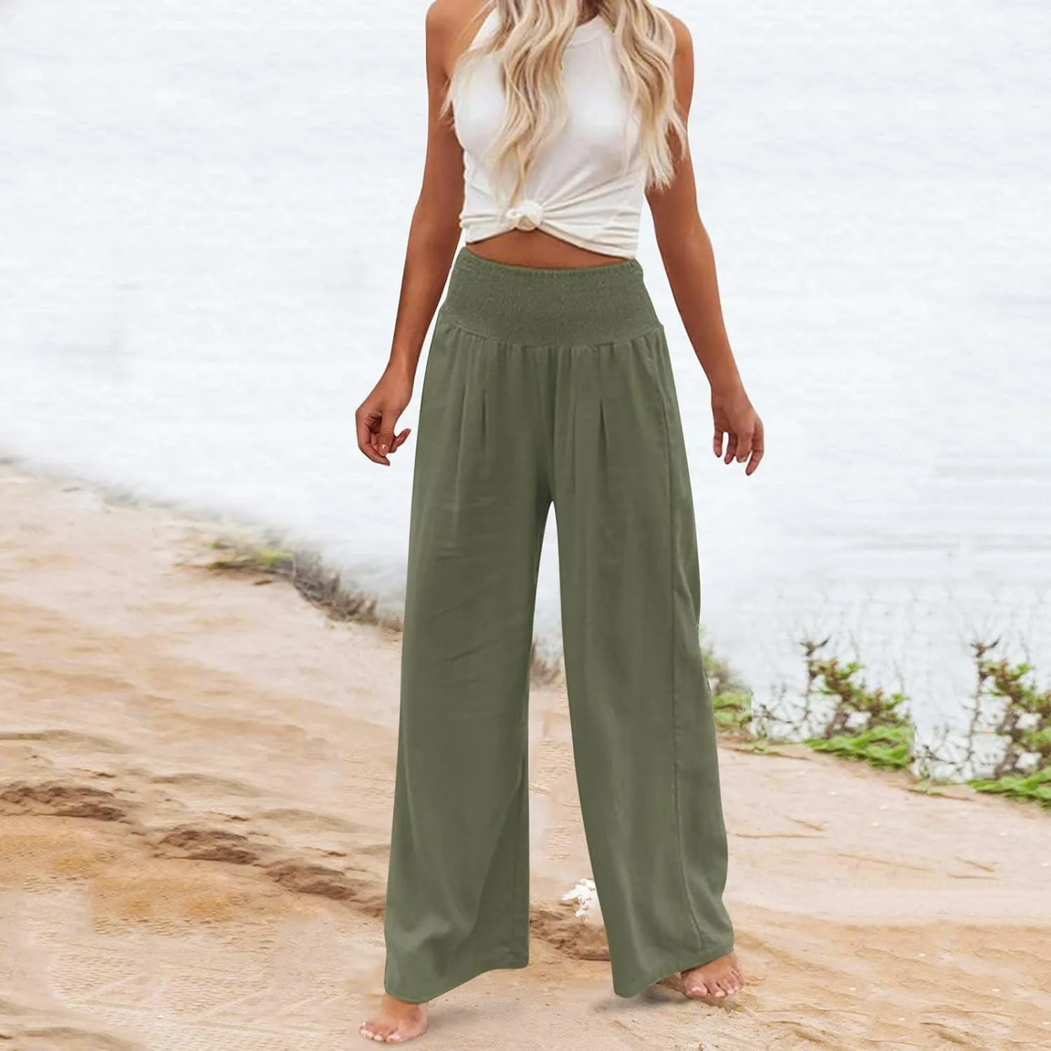 Women Plated Pants Flowy Pants Drawstring Waist Wide Leg Palazzo Beach Pants Loose Fit with Pockets