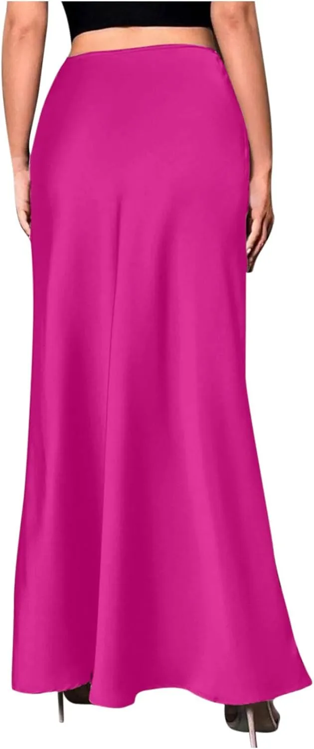 Women Satin High Waisted Maxi Skirts Hidden Elasticized Waistband A Line Long Skirt 2025 Elegant Clothes