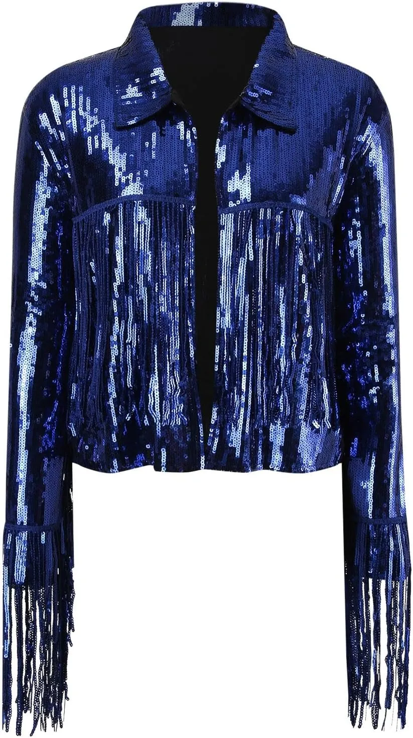 Women Sequins Fringe Jacket Casual Cropped Long Sleeve Disco Party Outwear Glitter Party Shiny Bridal Trends Outfits