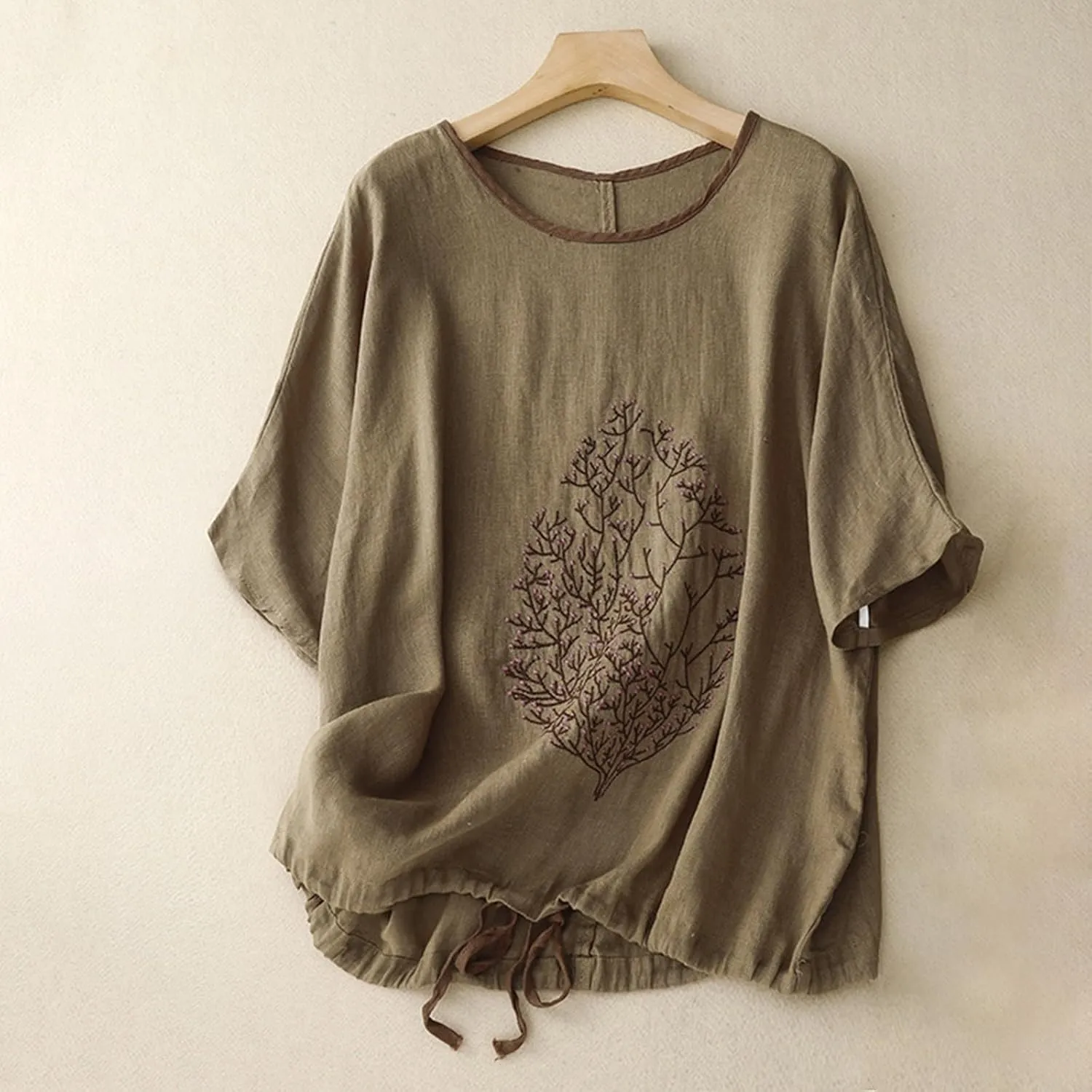 Women Short Sleeve Cotton Linen Tops Summer Crew Neck Embroidery T-Shirt Blouse Casual Loose Drawstring Hem Shirts