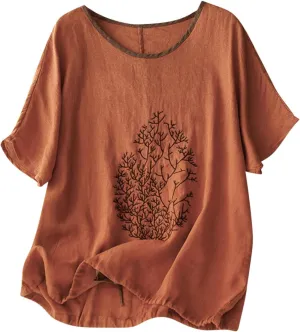 Women Short Sleeve Cotton Linen Tops Summer Crew Neck Embroidery T-Shirt Blouse Casual Loose Drawstring Hem Shirts