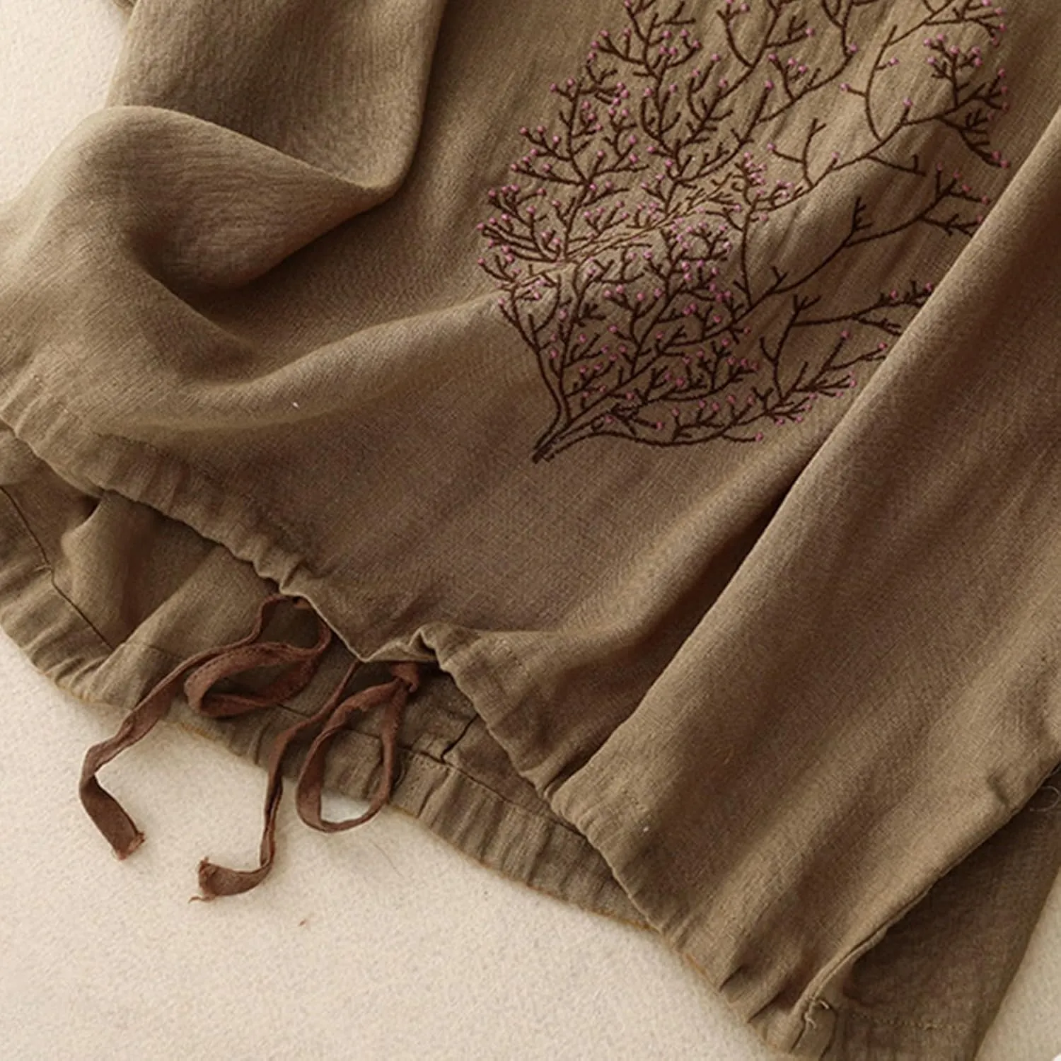 Women Short Sleeve Cotton Linen Tops Summer Crew Neck Embroidery T-Shirt Blouse Casual Loose Drawstring Hem Shirts