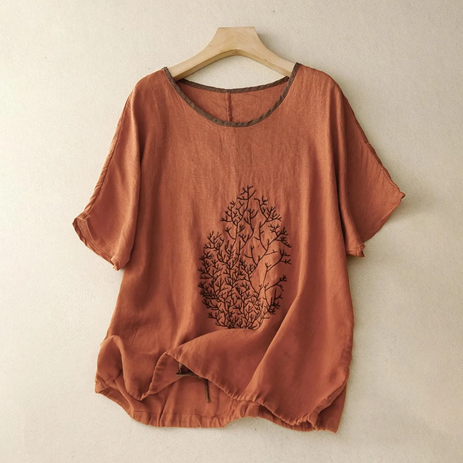 Women Short Sleeve Cotton Linen Tops Summer Crew Neck Embroidery T-Shirt Blouse Casual Loose Drawstring Hem Shirts