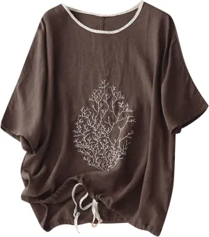 Women Short Sleeve Cotton Linen Tops Summer Crew Neck Embroidery T-Shirt Blouse Casual Loose Drawstring Hem Shirts