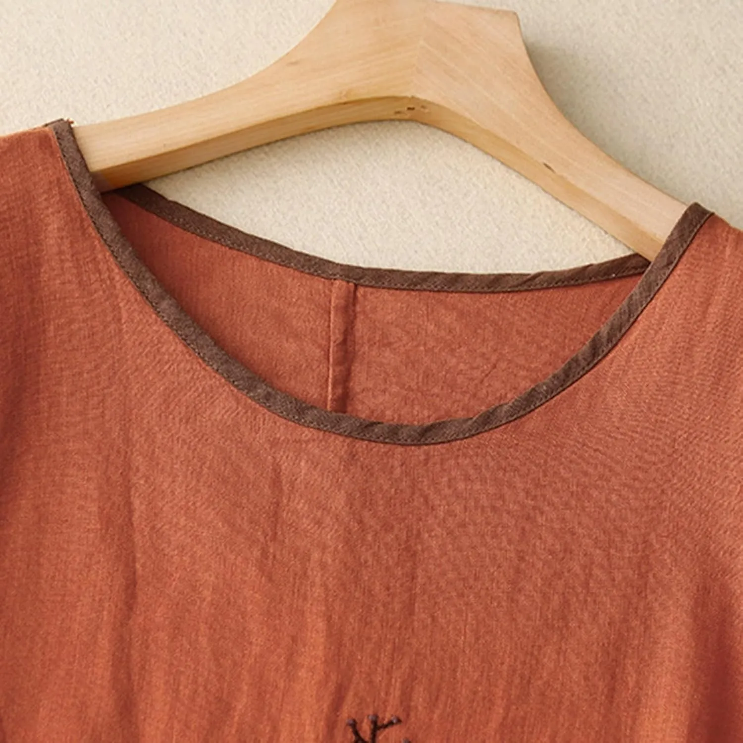 Women Short Sleeve Cotton Linen Tops Summer Crew Neck Embroidery T-Shirt Blouse Casual Loose Drawstring Hem Shirts