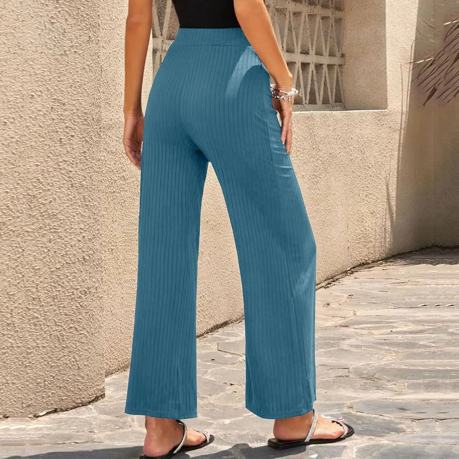 Women Soft Boho Pants Palazzo Solid Pull On Rib Knit Wide Leg Straight Sweat Pants Summer Beach Lounge Bottoms Ankle Trousers