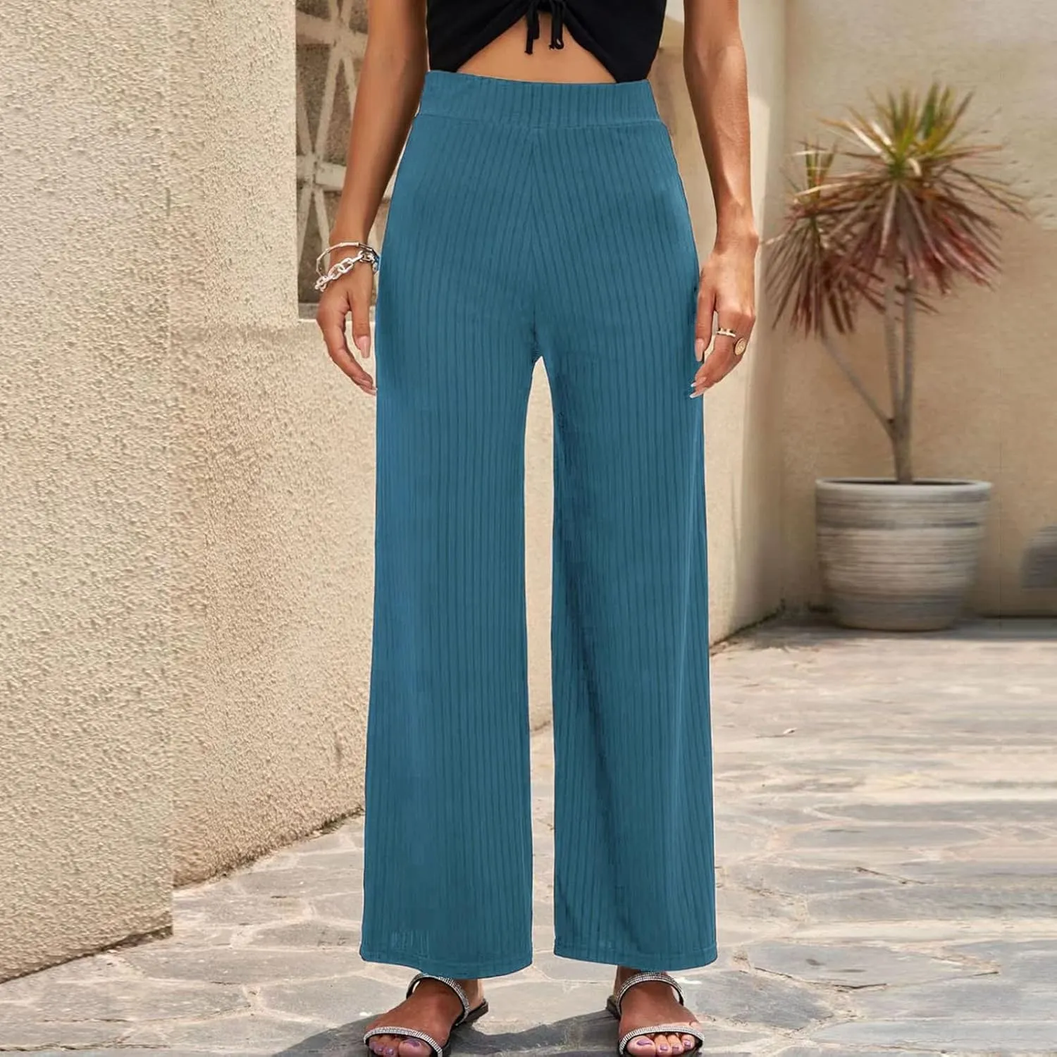 Women Soft Boho Pants Palazzo Solid Pull On Rib Knit Wide Leg Straight Sweat Pants Summer Beach Lounge Bottoms Ankle Trousers
