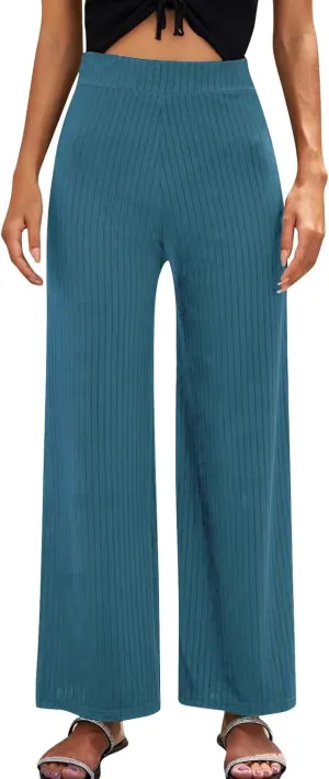 Women Soft Boho Pants Palazzo Solid Pull On Rib Knit Wide Leg Straight Sweat Pants Summer Beach Lounge Bottoms Ankle Trousers