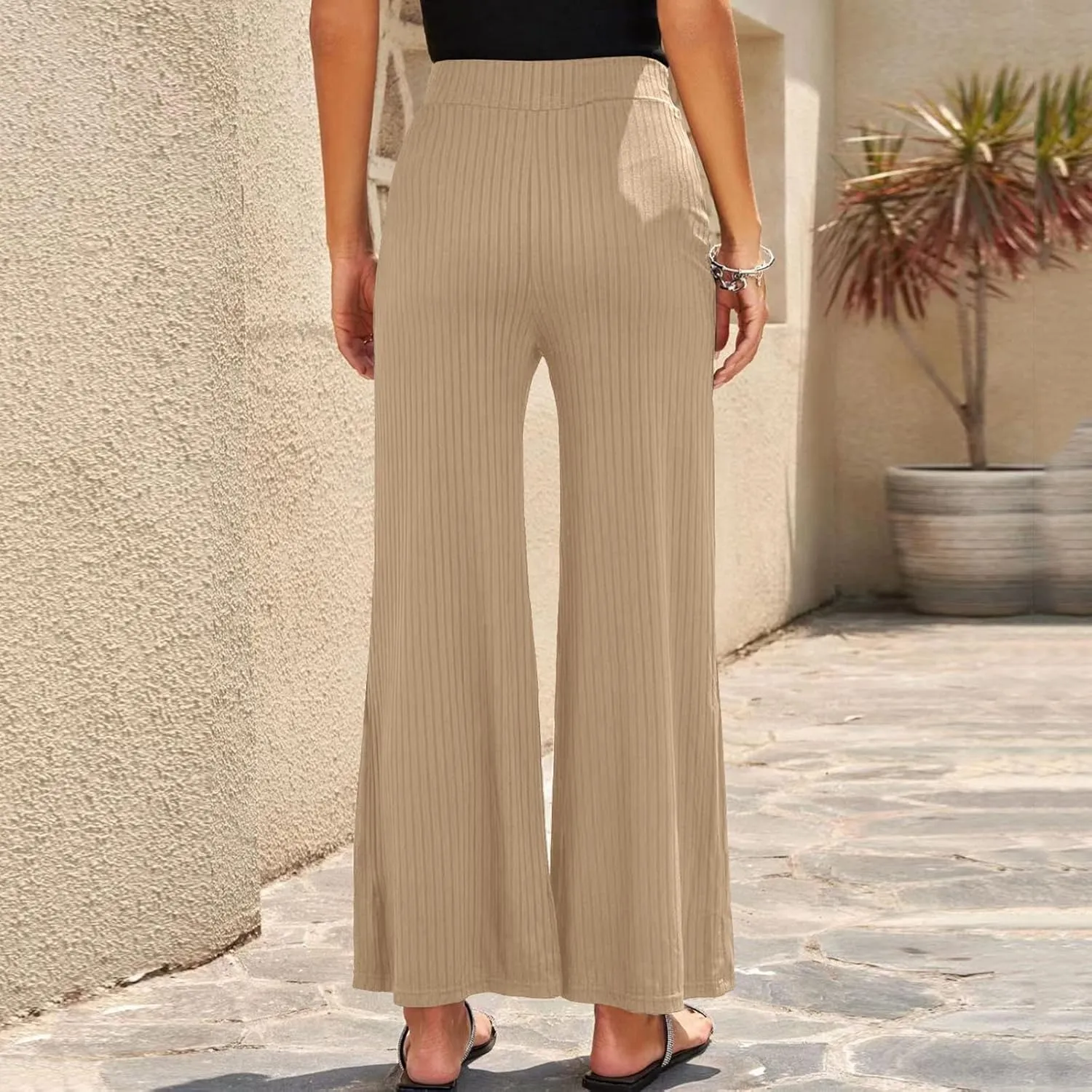 Women Soft Boho Pants Palazzo Solid Pull On Rib Knit Wide Leg Straight Sweat Pants Summer Beach Lounge Bottoms Ankle Trousers