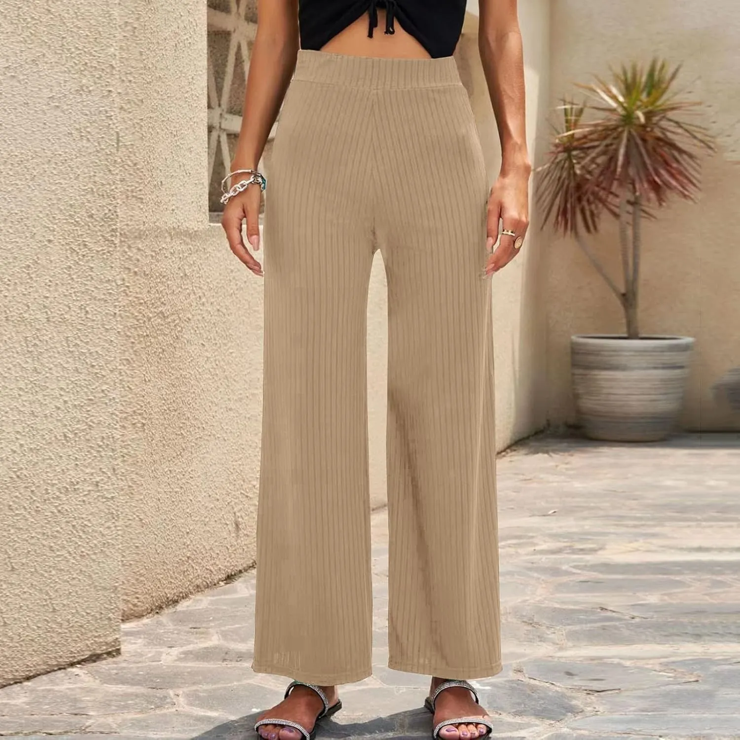 Women Soft Boho Pants Palazzo Solid Pull On Rib Knit Wide Leg Straight Sweat Pants Summer Beach Lounge Bottoms Ankle Trousers