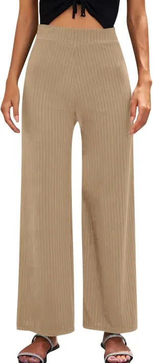 Women Soft Boho Pants Palazzo Solid Pull On Rib Knit Wide Leg Straight Sweat Pants Summer Beach Lounge Bottoms Ankle Trousers