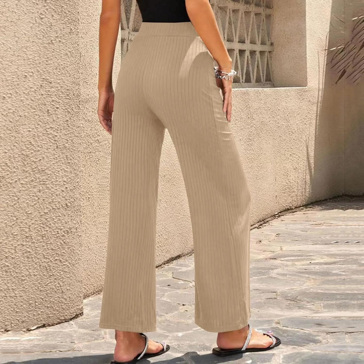 Women Soft Boho Pants Palazzo Solid Pull On Rib Knit Wide Leg Straight Sweat Pants Summer Beach Lounge Bottoms Ankle Trousers