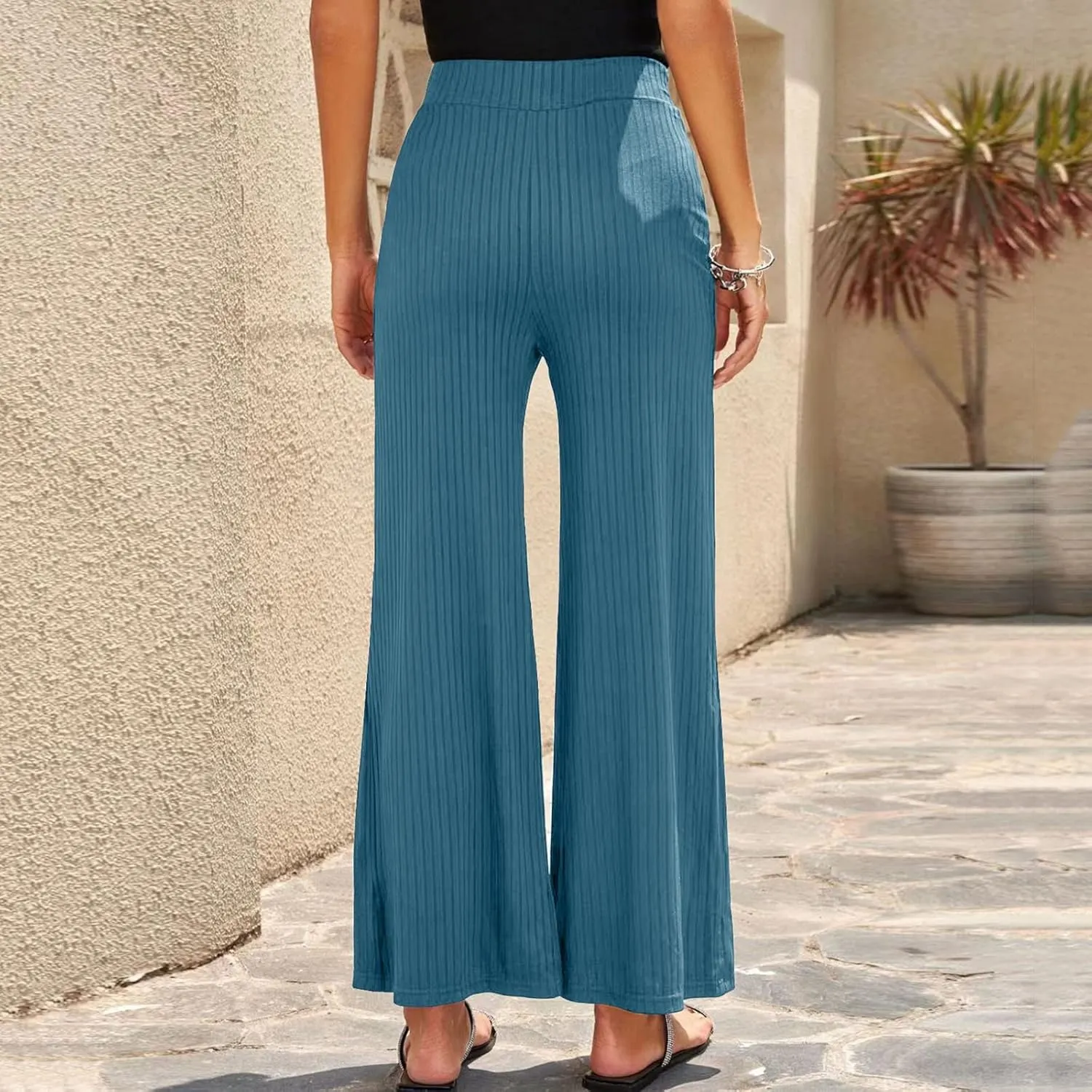 Women Soft Boho Pants Palazzo Solid Pull On Rib Knit Wide Leg Straight Sweat Pants Summer Beach Lounge Bottoms Ankle Trousers