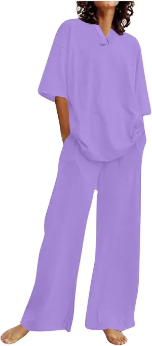 Women Summer Beach Outfits Two Piece Travel Short Sleeve Tops Wide Leg Pants Tracksuit Comfort Lounge Sets