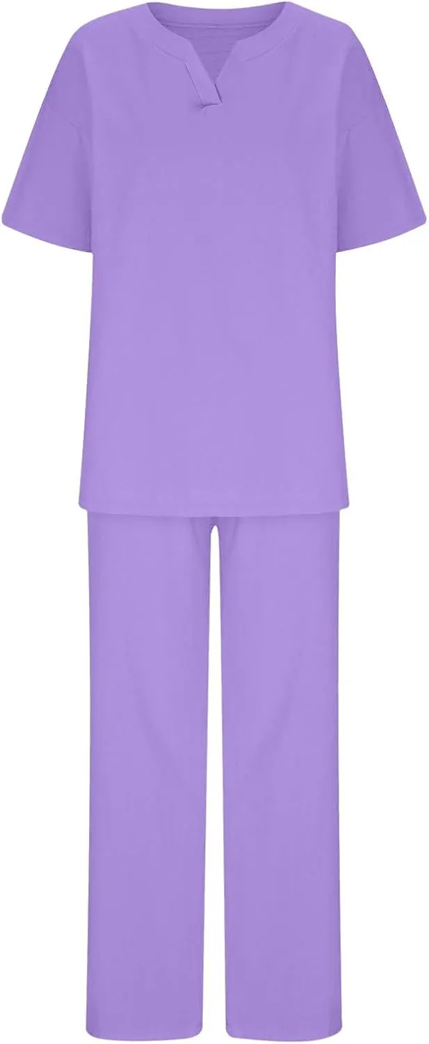 Women Summer Beach Outfits Two Piece Travel Short Sleeve Tops Wide Leg Pants Tracksuit Comfort Lounge Sets