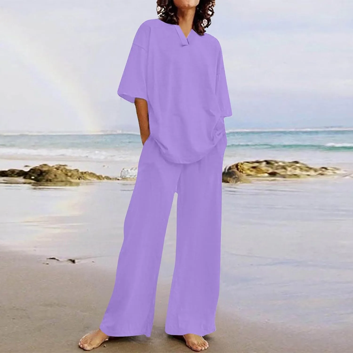 Women Summer Beach Outfits Two Piece Travel Short Sleeve Tops Wide Leg Pants Tracksuit Comfort Lounge Sets