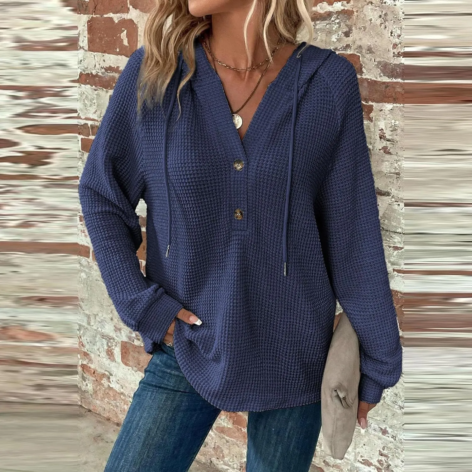 Women Sweatshirts Waffle Button Hoodie Trendy Fall Henley V Neck Long Sleeve Tee Shirts Solid Drawstring Pullover Tops