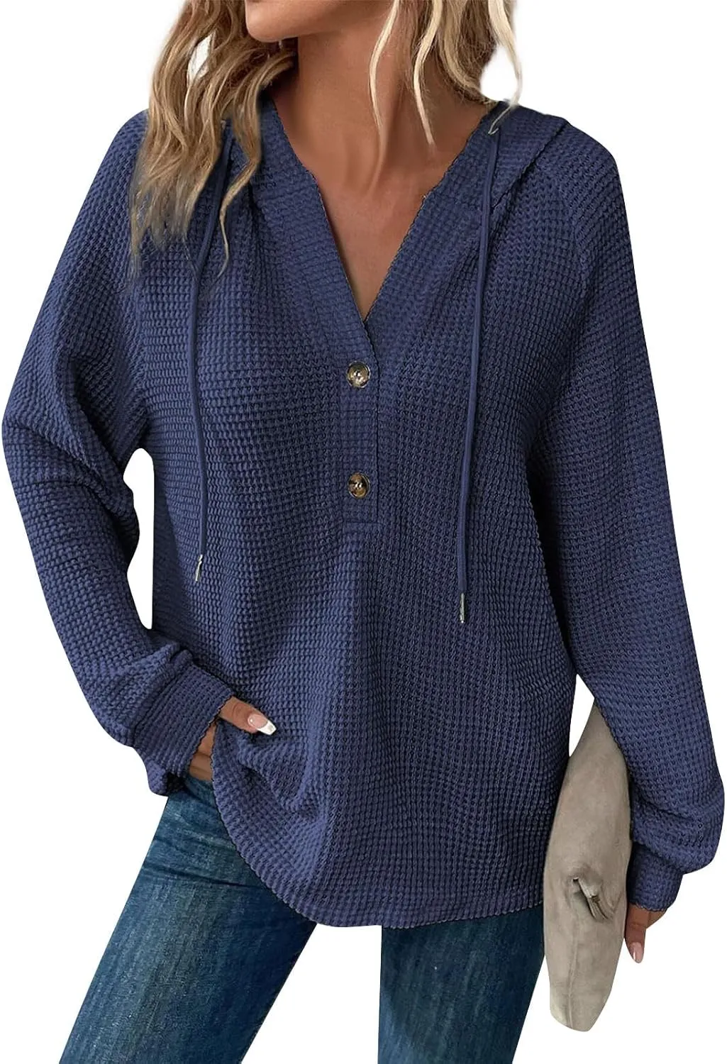 Women Sweatshirts Waffle Button Hoodie Trendy Fall Henley V Neck Long Sleeve Tee Shirts Solid Drawstring Pullover Tops