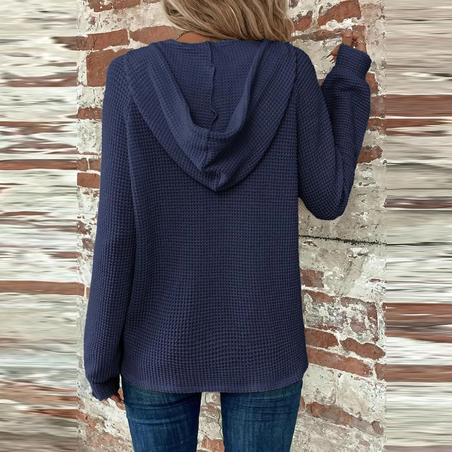 Women Sweatshirts Waffle Button Hoodie Trendy Fall Henley V Neck Long Sleeve Tee Shirts Solid Drawstring Pullover Tops