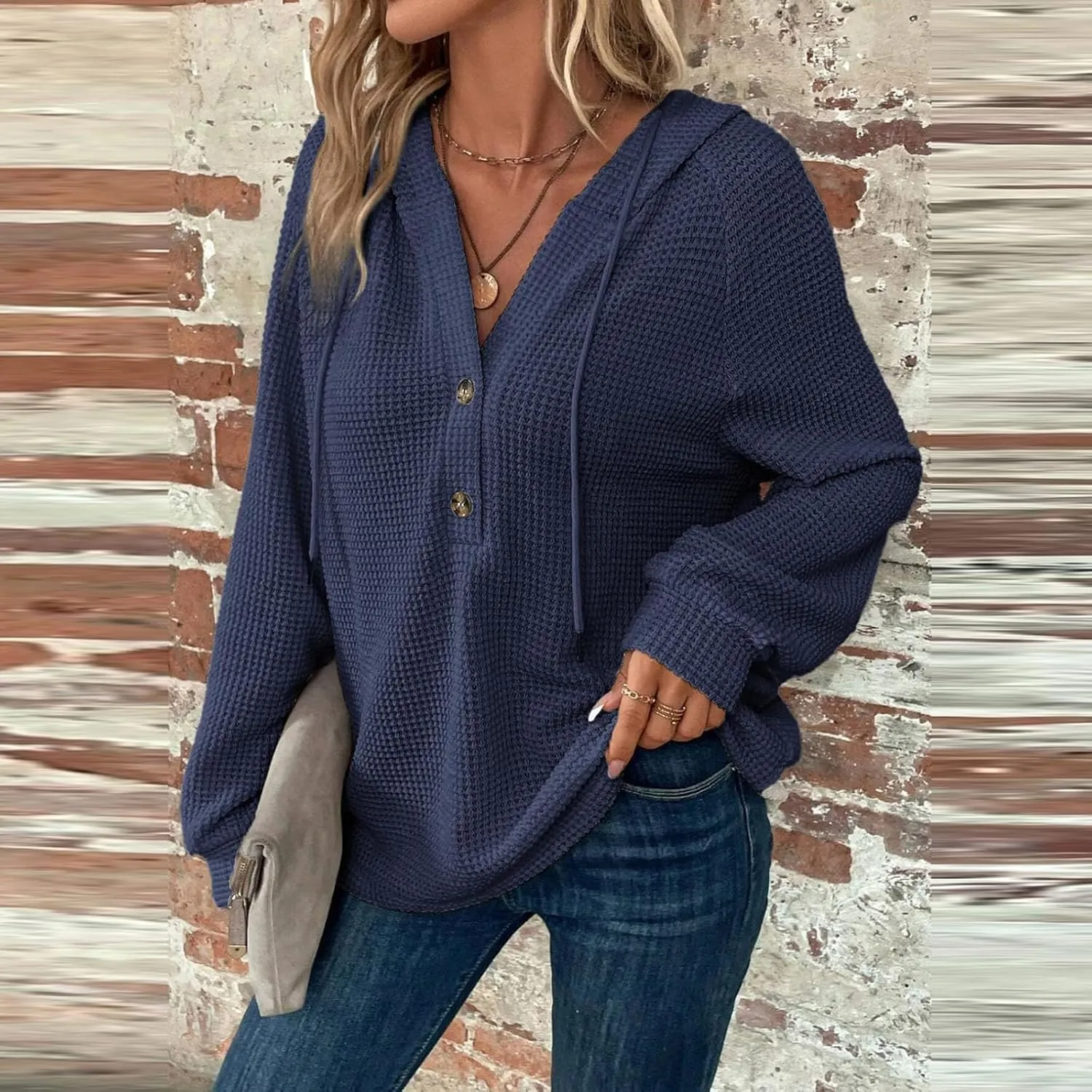 Women Sweatshirts Waffle Button Hoodie Trendy Fall Henley V Neck Long Sleeve Tee Shirts Solid Drawstring Pullover Tops