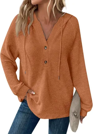 Women Sweatshirts Waffle Button Hoodie Trendy Fall Henley V Neck Long Sleeve Tee Shirts Solid Drawstring Pullover Tops