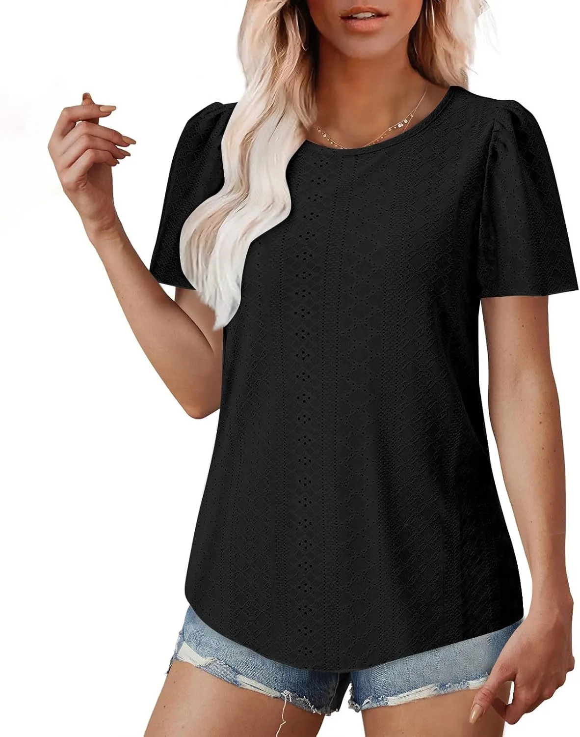 Women Tshirts Short Puff Sleeve Fish Net Crew Neck Tops Thin Breathable Loose Basic Shirt Summer Tee for Women 2025