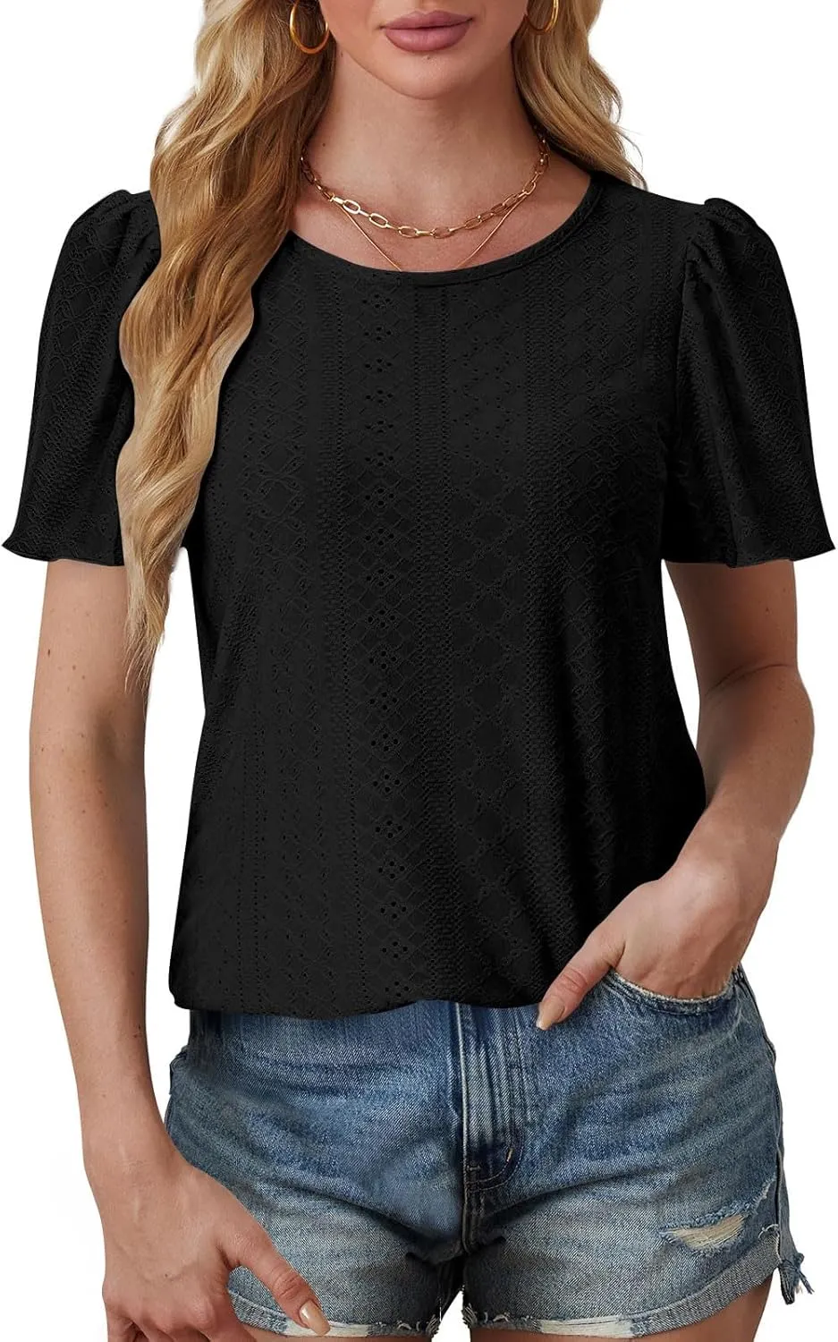 Women Tshirts Short Puff Sleeve Fish Net Crew Neck Tops Thin Breathable Loose Basic Shirt Summer Tee for Women 2025