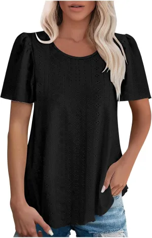 Women Tshirts Short Puff Sleeve Fish Net Crew Neck Tops Thin Breathable Loose Basic Shirt Summer Tee for Women 2025