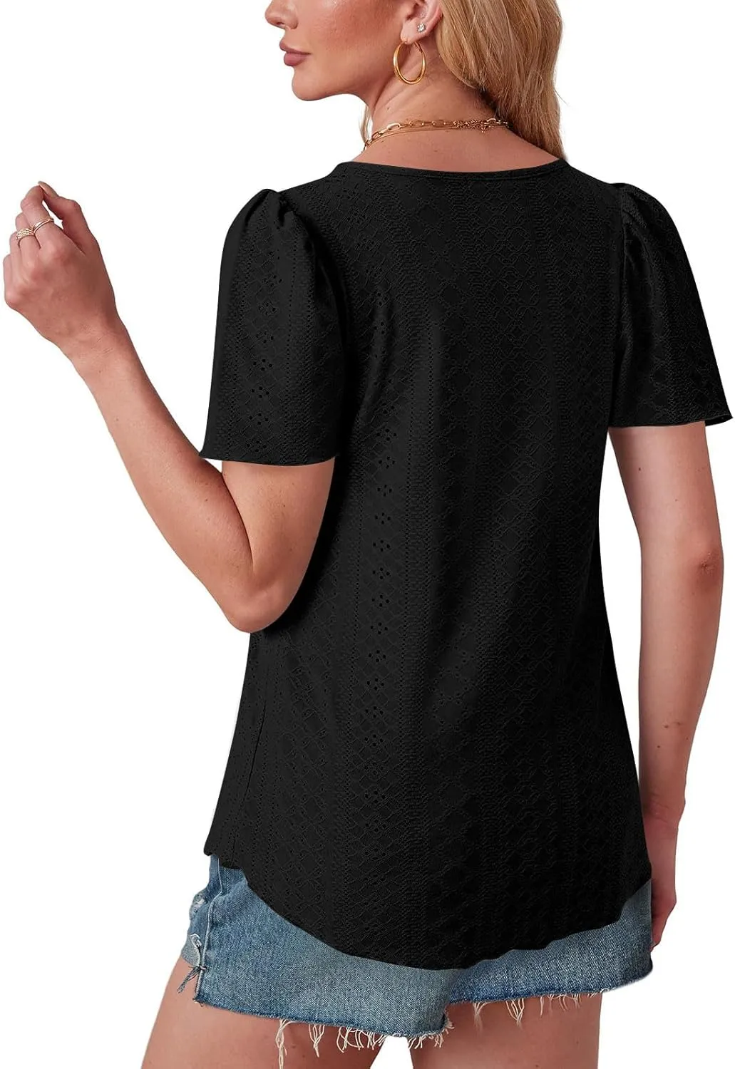 Women Tshirts Short Puff Sleeve Fish Net Crew Neck Tops Thin Breathable Loose Basic Shirt Summer Tee for Women 2025