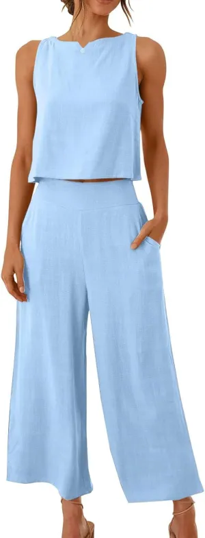 Women Two Piece Outfits Sets Summer Tank Top Casual Outfits Wide Leg Pants Travel Vacation Outfit Lounge Sets