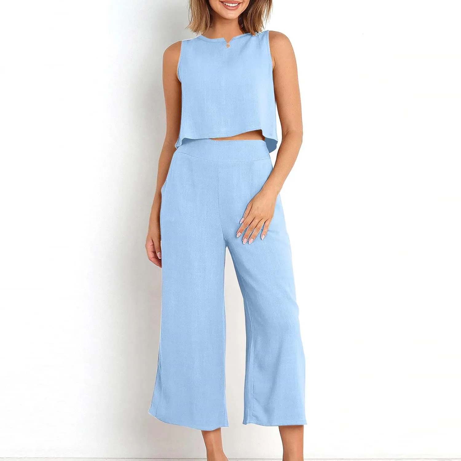 Women Two Piece Outfits Sets Summer Tank Top Casual Outfits Wide Leg Pants Travel Vacation Outfit Lounge Sets