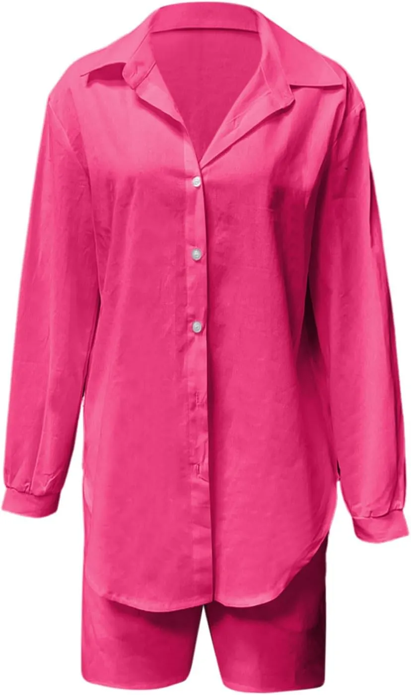 Women Two Piece Summer Outfits V Neck Long Sleeve Button Down Shirt Top and High Waist Shorts Sweatsuit Sets