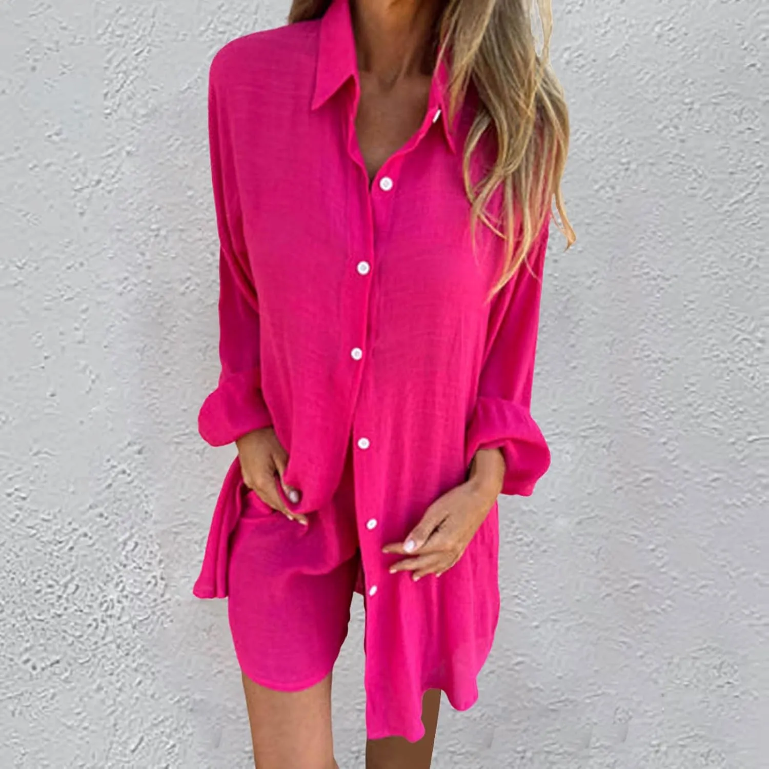 Women Two Piece Summer Outfits V Neck Long Sleeve Button Down Shirt Top and High Waist Shorts Sweatsuit Sets