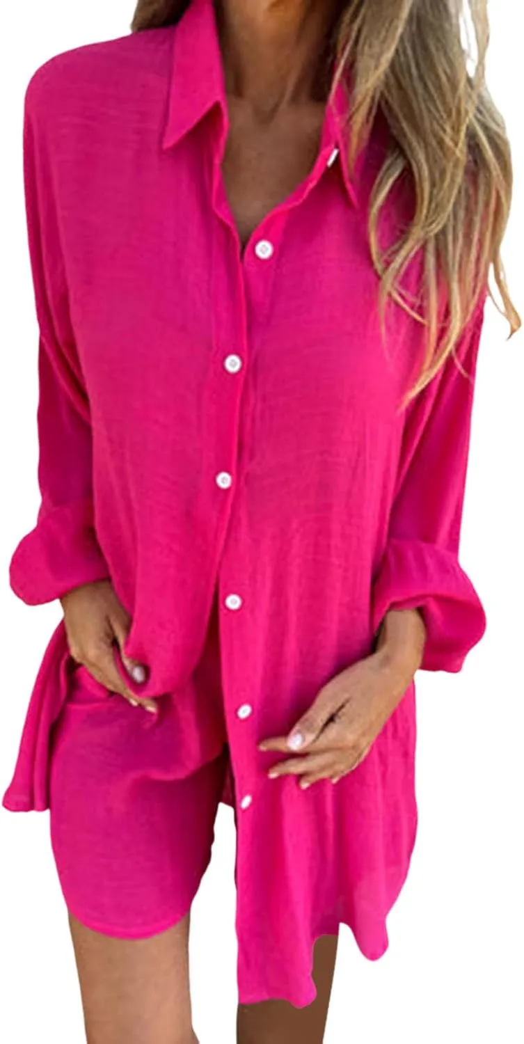 Women Two Piece Summer Outfits V Neck Long Sleeve Button Down Shirt Top and High Waist Shorts Sweatsuit Sets