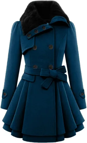 Women Windbreaker Coat Sherpa Lined Lapel Fuzzy Jacket Pleated Hem Overcoat Winter Warm Long Sleeve Outwear with Belt
