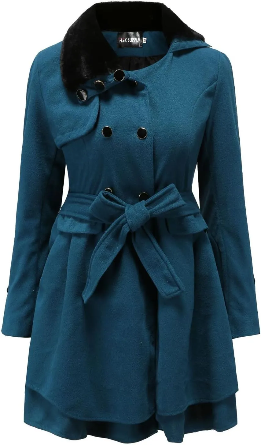 Women Windbreaker Coat Sherpa Lined Lapel Fuzzy Jacket Pleated Hem Overcoat Winter Warm Long Sleeve Outwear with Belt