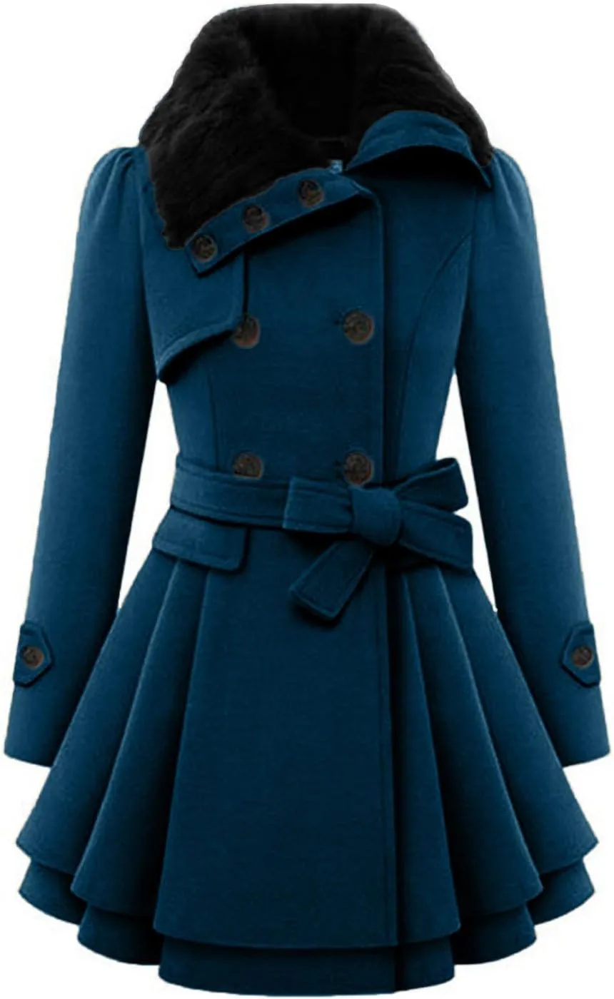 Women Windbreaker Coat Sherpa Lined Lapel Fuzzy Jacket Pleated Hem Overcoat Winter Warm Long Sleeve Outwear with Belt