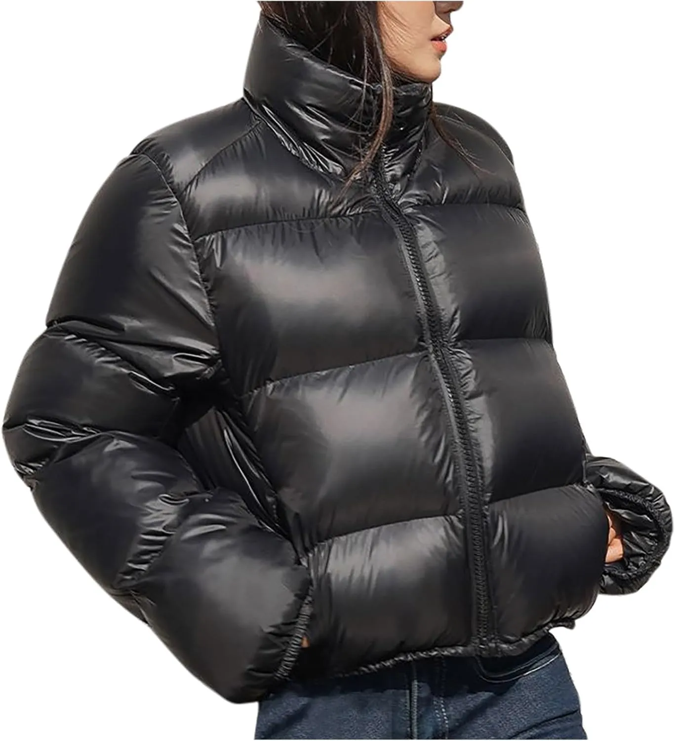 Women Winter Cropped Puffer Jacket Long Sleeve Stand Collar Zip-Up Short Down Coat Quilted Puffy Outwear with Pockets