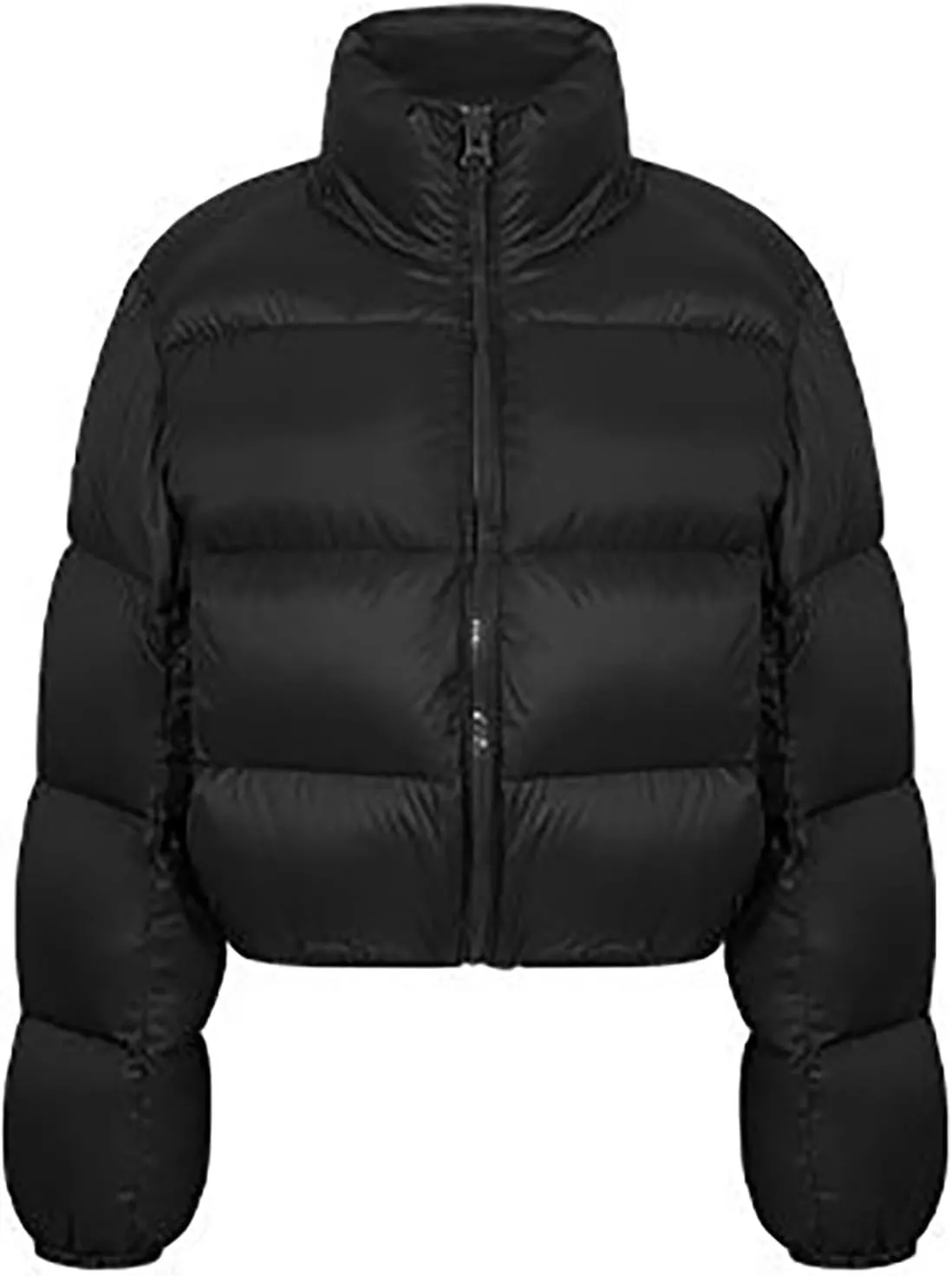 Women Winter Cropped Puffer Jacket Long Sleeve Stand Collar Zip-Up Short Down Coat Quilted Puffy Outwear with Pockets