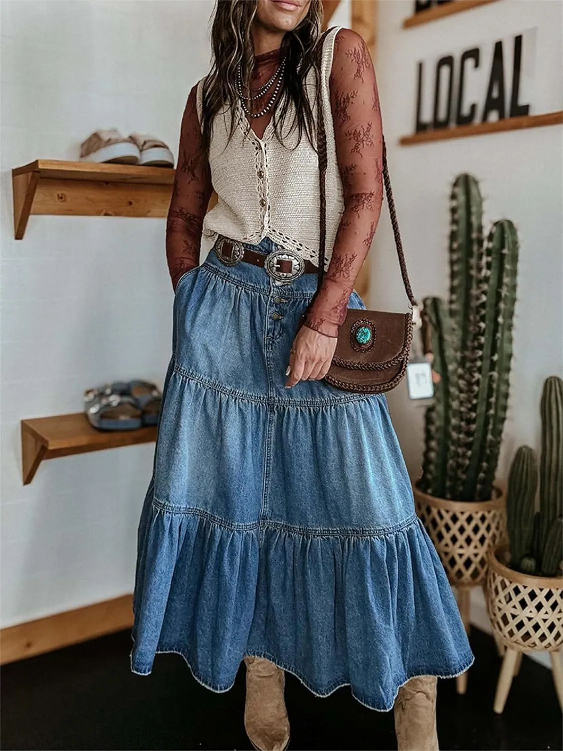 Women Y2k Denim Maxi Skirt High Waist Button Tiered Ruffled Long Jean Skirts Casual Trendy Flowy Swing A-Line Skirt
