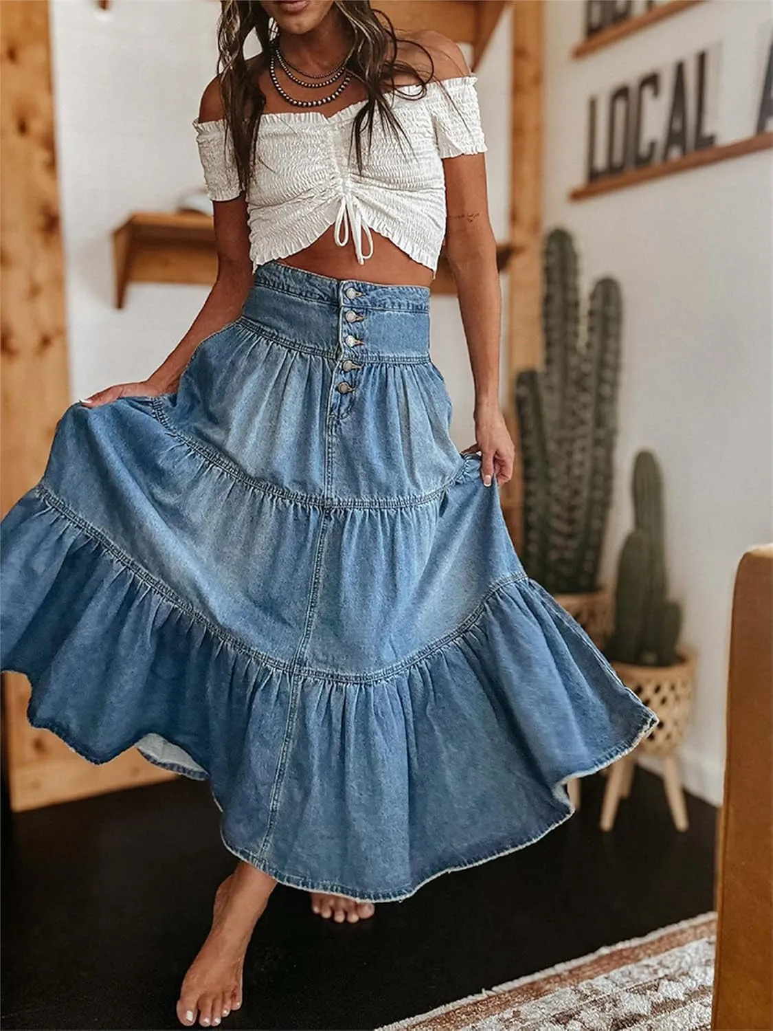 Women Y2k Denim Maxi Skirt High Waist Button Tiered Ruffled Long Jean Skirts Casual Trendy Flowy Swing A-Line Skirt