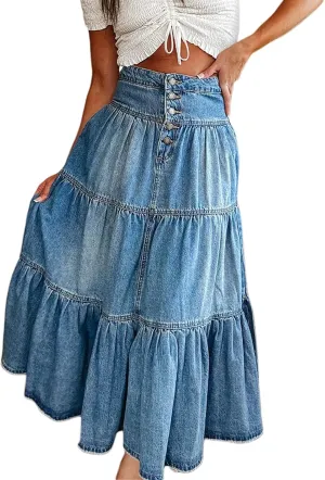 Women Y2k Denim Maxi Skirt High Waist Button Tiered Ruffled Long Jean Skirts Casual Trendy Flowy Swing A-Line Skirt
