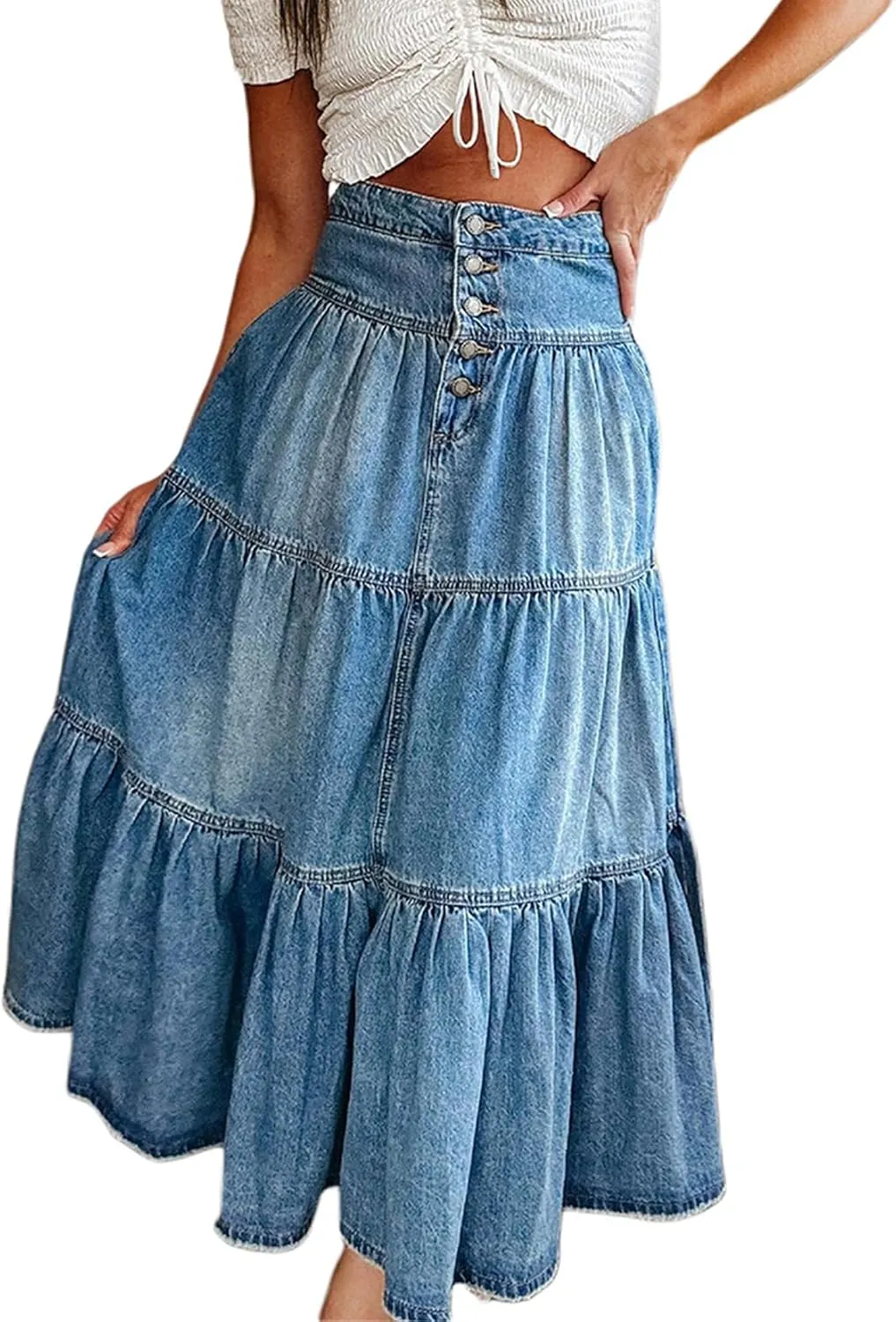 Women Y2k Denim Maxi Skirt High Waist Button Tiered Ruffled Long Jean Skirts Casual Trendy Flowy Swing A-Line Skirt