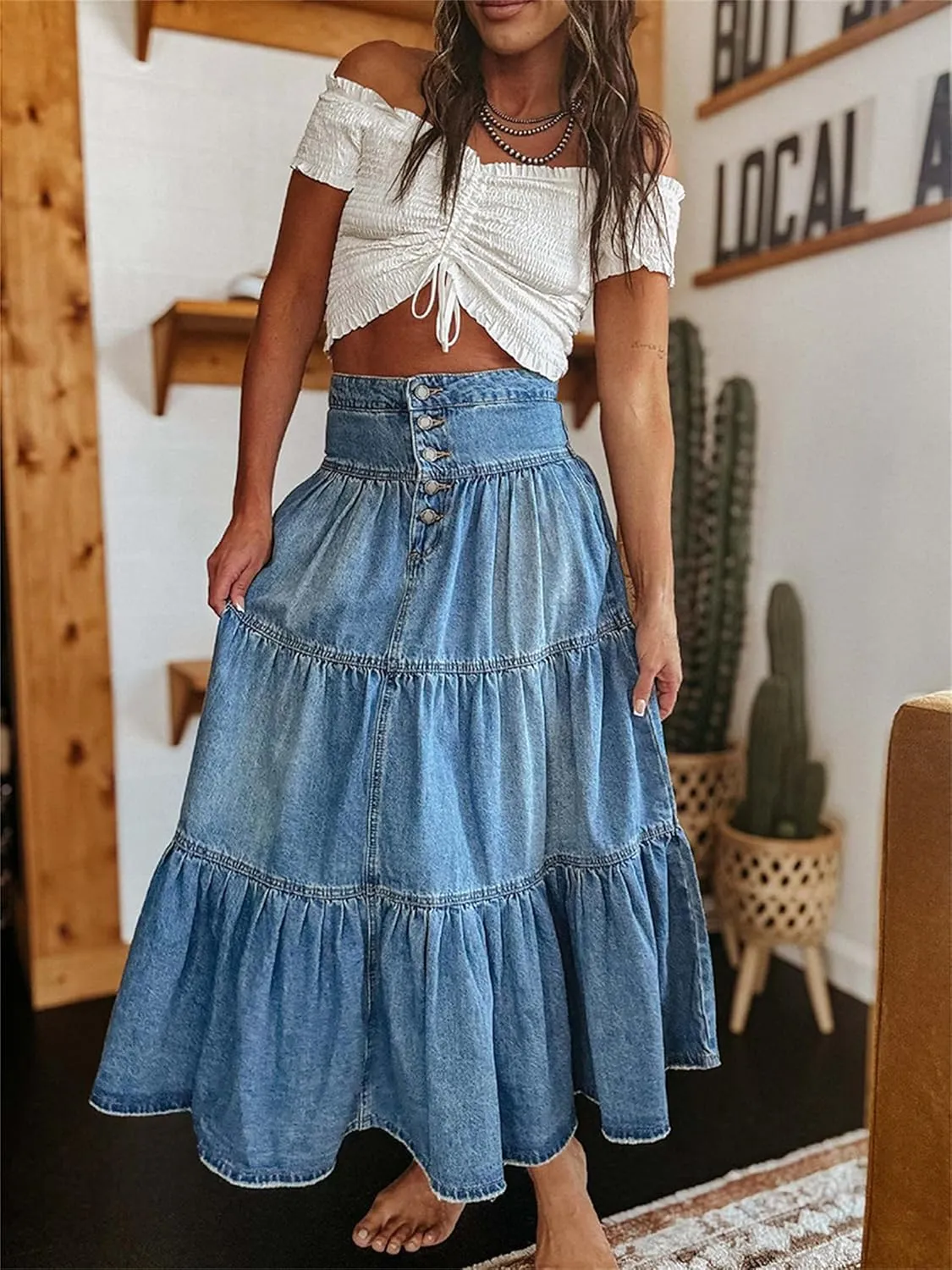 Women Y2k Denim Maxi Skirt High Waist Button Tiered Ruffled Long Jean Skirts Casual Trendy Flowy Swing A-Line Skirt