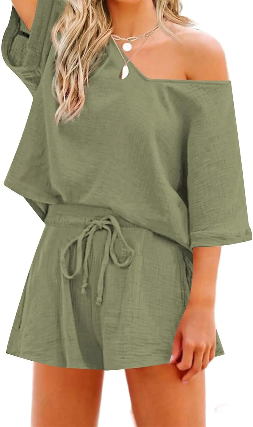 Womens 2 Piece Cotton Linen Tracksuit, Short Sleeve V Neck Set with Casual Shorts, for Beach Outfits